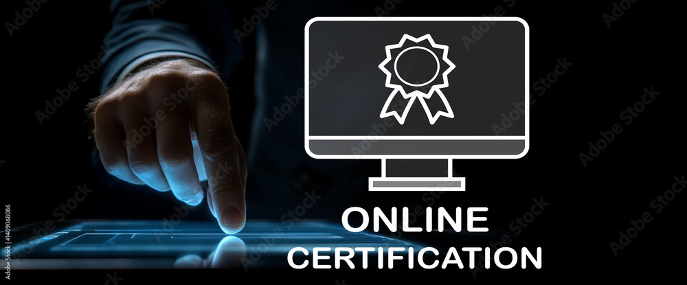Aufkleber innovative online certification process with computer and hand touching screen in modern digital int