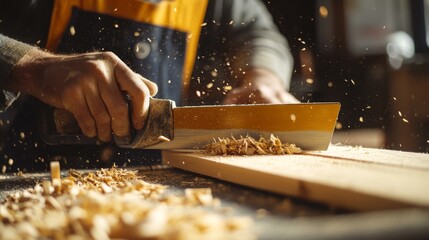 Carpenter trimming wood with a saw at a workshop. Featuring craftsmanship and skill