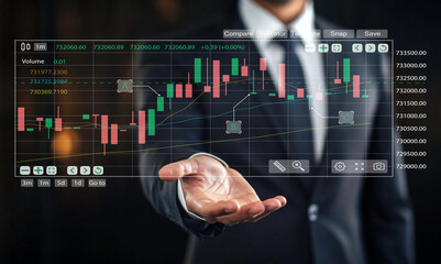 Businessman Presenting Digital Stock Market Data and Financial Charts with Hands in Modern Office Environment
