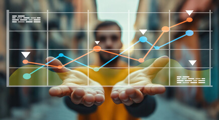 Person Holding Low-High Business Growth Chart with Trend Lines in a Street Setting, Emphasizing Analysis and Success in Market Strategies