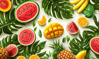 Bright Tropical Fruit Continuous Pattern Art’ is reworded as ‘Vivid Fruit from the Tropics Seamless Repeat Illustration