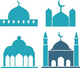Elegant Mosque Emblem Vector – Islamic Badge Design with Crescent Moon, Domes, and Minarets for Eid and Ramadan