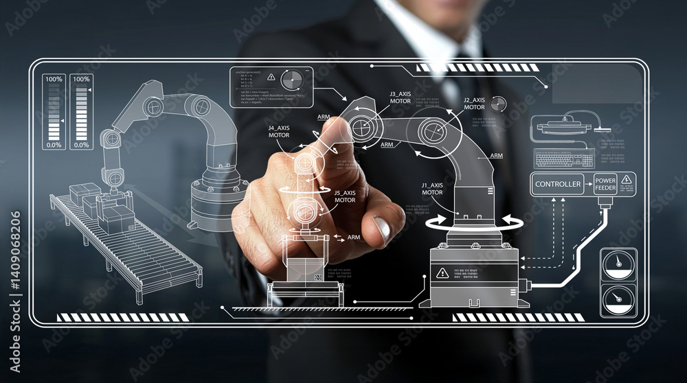 Poster businessman interacting with advanced robotic arm technology in a modern industrial setting for auto