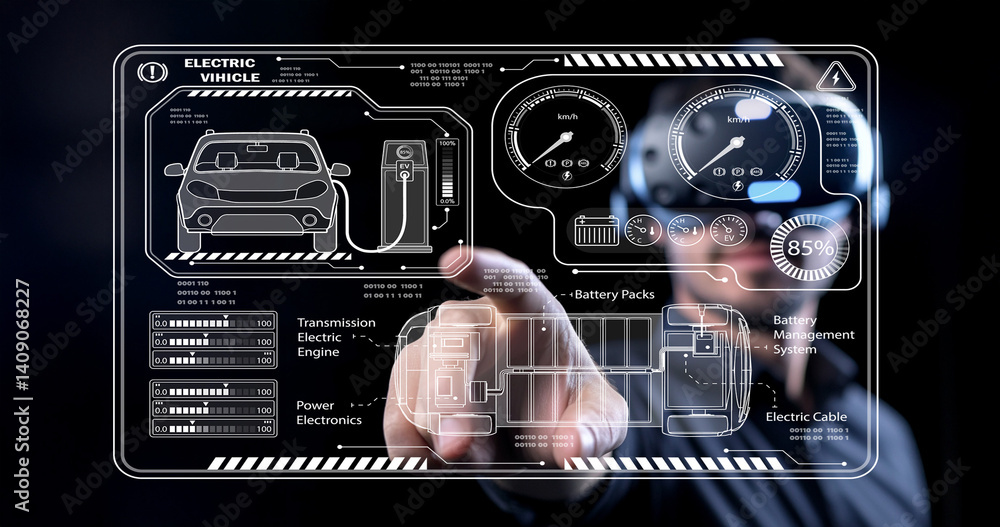 Poster innovative digital display of electric vehicle dashboard with interactive features and performance m