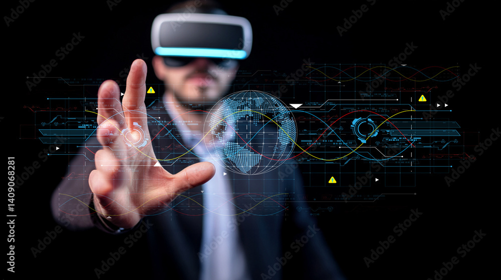 Poster virtual reality experience with innovative technology and data visualization for modern digital inte