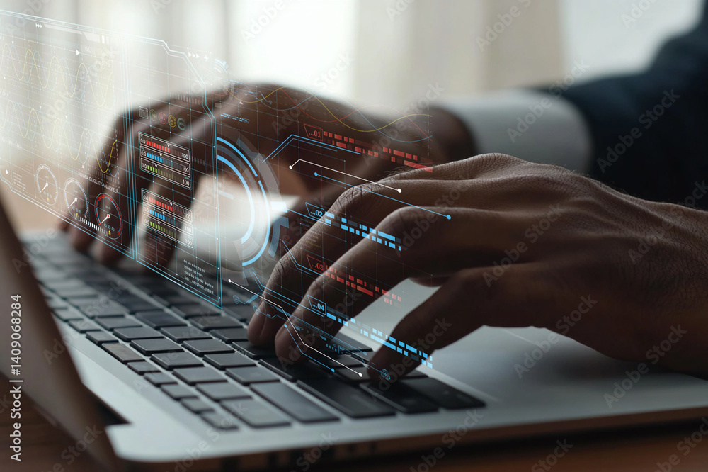 Poster hands typing on laptop with digital overlay representing technology and innovation in modern work en