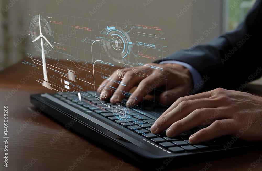 Poster hands typing on laptop with digital interface representing renewable energy concepts and technologie