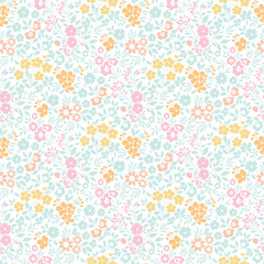 Flower print, seamless floral pattern, cute ditsy tile print, gentle flowers pattern. Botanical surface design, small hand drawn flowers, green leaves, bouquets on light background, floral Vector