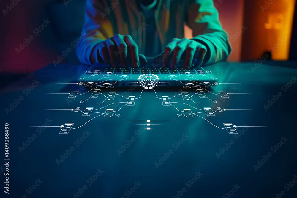 Poster innovative technology concept, person with hands on keyboard, futuristic digital interface displayed