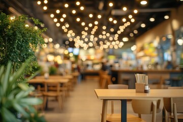 Blurred restaurant interior with wooden tables chairs plants and string lights creating a cozy ambiance