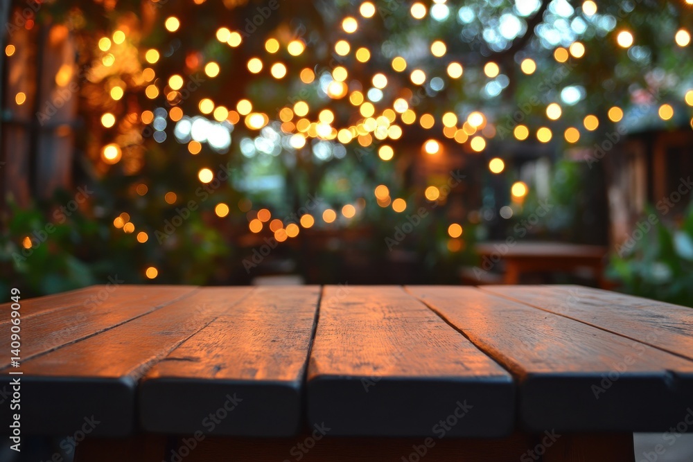 Poster Wooden table surface with blurred lights in the background creating a warm and inviting atmosphere