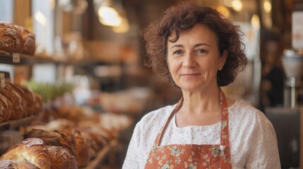 Friendly baker stands proudly in a rustic bakery, surrounded by fresh bread and pastries, showcasing her passion and dedication to artisanal baking craft