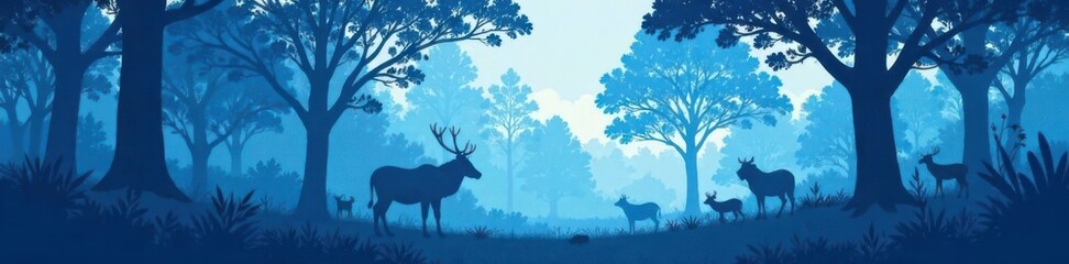 Dense foliage with silhouetted blue trees and wild animals, set against a serene forest background, green , nature