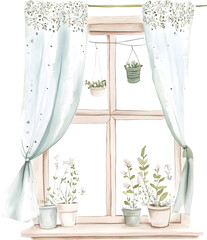 Window with trees and flowerswatercolor vintage on transparent background. symbol png illustration AI-generated 