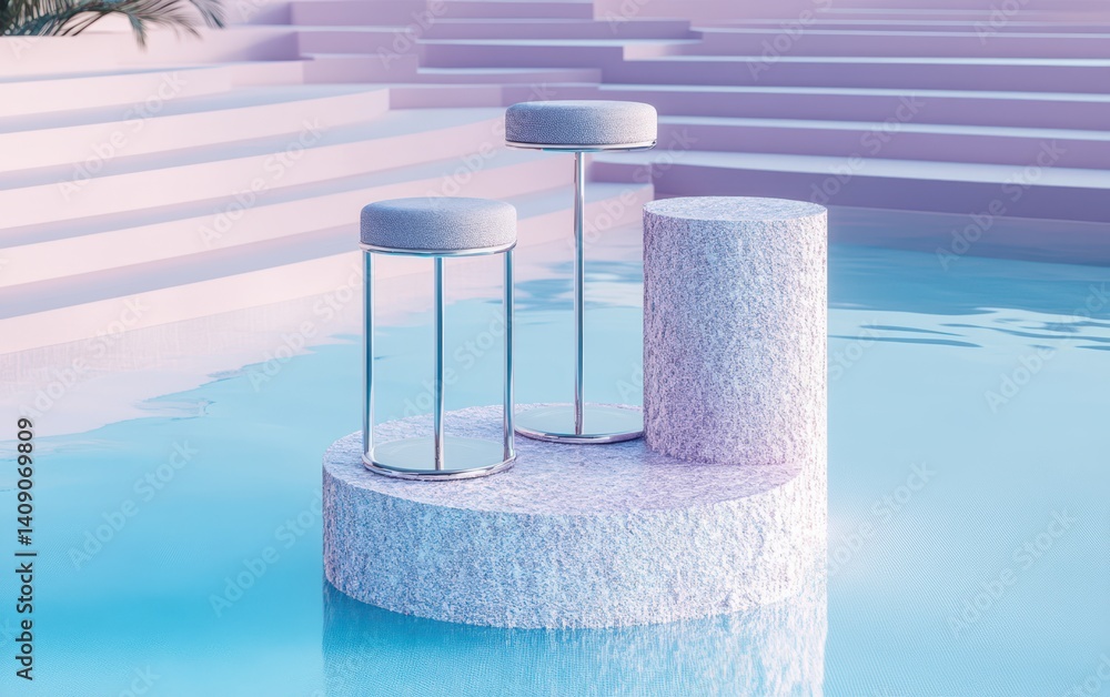 Poster two stools are placed on a platform above the water in a pool setting.