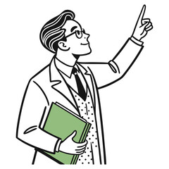Retro Man in Suit Pointing Upward, Holding Green File, Outline Drawing on White Background