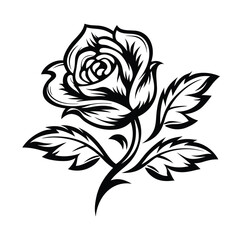 Rose Bud with Leaves Black Silhouette, Floral on Isolated White Background