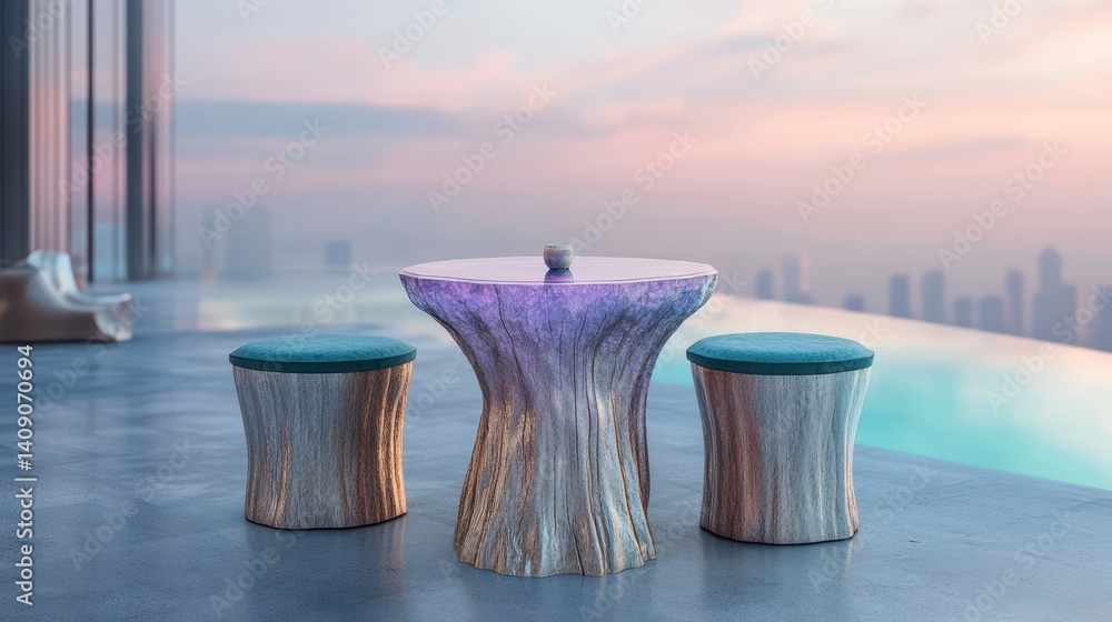 Poster a table with stools is positioned beside a pool, offering a relaxing outdoor setting.