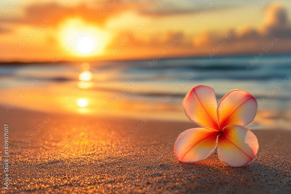 Poster a flower on the beach during a vibrant sunset with the ocean waves in the background creating a sere