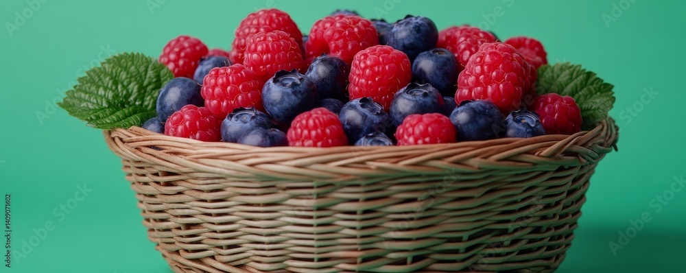 Poster fresh blueberries and raspberries are displayed in a closeup within a rustic basket