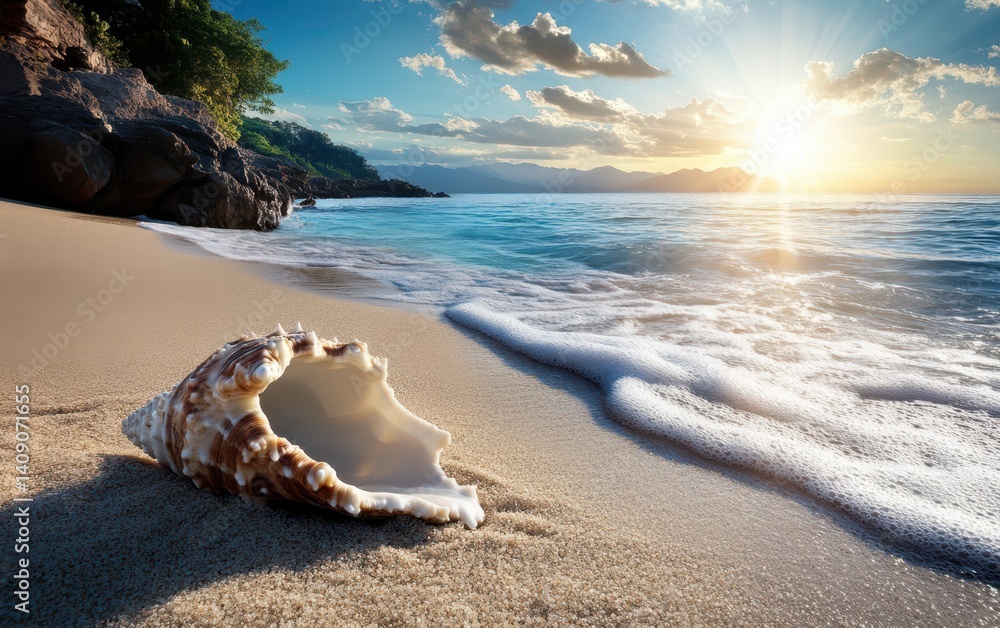 Poster a delicate a shell rests on the beach as gentle waves roll in.