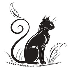 Silhouette of a Black Cat Sitting Elegantly With Curled Tail and Feather Accent on White