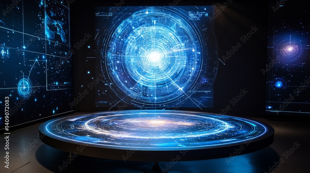 Poster futuristic digital interface technology display screen blue light data glow dots dark cyber space