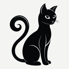 Silhouette of Black Cat Sitting Upright with Curled Tail, Whiskers, and Sharp Ears