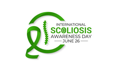 Illustration on the theme of International Scoliosis Awareness Day is on June 26th. A complex 3D spinal deformity causing abnormal curvature. Realistic ribbon with Banner poster, flyer and background.
