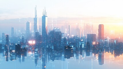 Fototapeta premium Futuristic Cityscape at Dawn: A Blend of Modern Architecture and Technological Overlay