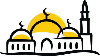Colorful Mosque Vector Illustration – Islamic Crescent Moon and Star with Mosque Outline for Eid and