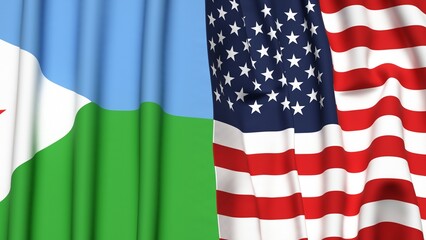 Fototapeta premium Flags of DJIBOUTI and USA with realistic cloth texture