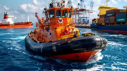 Fototapeta premium Harbor Tugboat, Cargo Ships, Ocean Freight - Maritime Industry