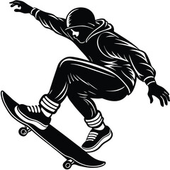 Skateboarder in Hoodie MidAir, Black and White Silhouette, Action Sport, Skateboarding Stunt