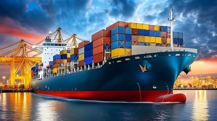 Fototapeta premium Container Ship at Sunset, Global Trade - Global Trade and Logistics