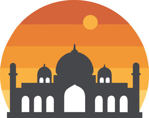 Elegant Mosque Emblem Vector – Islamic Badge Design with Crescent Moon, Domes, and Minarets for Eid and Ramadan