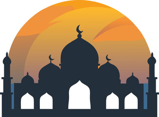 Elegant Mosque Emblem Vector – Islamic Badge Design with Crescent Moon, Domes, and Minarets for Eid and Ramadan