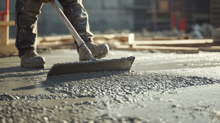Concrete worker smoothing freshly poured concrete. Featuring skill and attention to detail