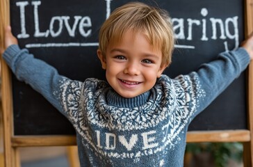 A happy child stands in front of the chalkboard with their arms outstretched, on which is written "I love learning."