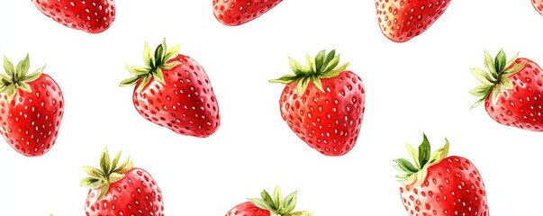 Red and Green Strawberries Illustrated in Watercolor Style Against a White Summer Background