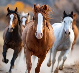 horses running through the desert, with dust clouds swirling around them