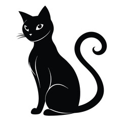 Sleek Black Cat Silhouette, Elegant Feline Sitting, Stylized Tail Curl, Sharp Eyes