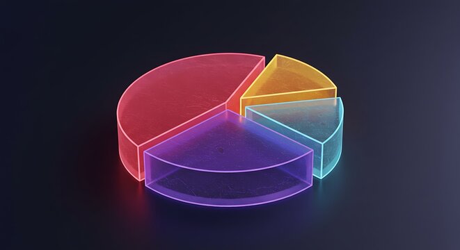 Colorful pie chart with transparent segments on a dark background representing data analysis