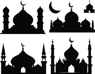 Islamic Mosque Silhouette Vector – Traditional Black Mosque Icon with Crescent Domes for Eid, Ramadan & Religious Designs
