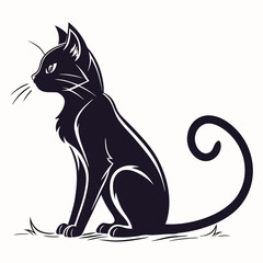 Stylish Silhouette of a Sitting Black Cat with Curled Tail on Isolated White