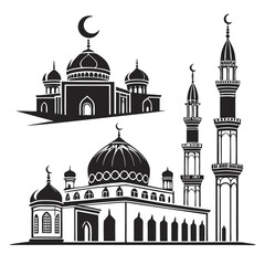 Detailed Mosque Silhouette Vector Set – Islamic Architecture Illustrations of Grand Masjids with Minarets