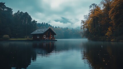 Fototapeta premium Serene Lakeside Cabin Surrounded By Autumnal Trees With Misty Water And Overcast Sky