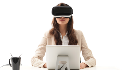 Professional Businesswoman Using Virtual Reality (VR) Headset on Desk in Office Setting