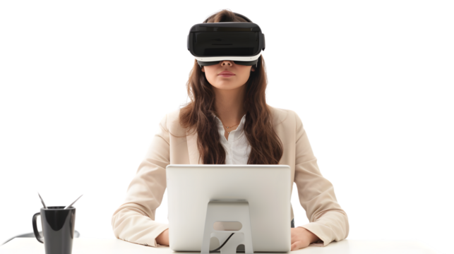 Professional Businesswoman Using Virtual Reality (VR) Headset on Desk in Office Setting