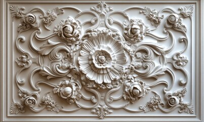 The wall paneling features an elegant embossed damask pattern in cream and beige